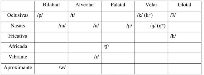 Tabela 9: Fonemas Consonantais da língua Guaraní-Antigo 