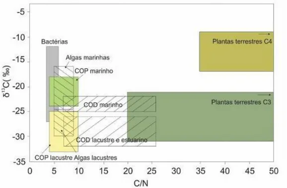 Figura  2: Diagrama  binário  com  valores  da  razão  C/N  versus δ 13 C  das  fontes  de matéria  orgânica sedimentar terrestre e marinha (modificado de Meyers 2003 e Lamb et al