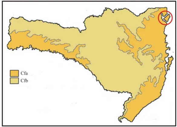 Figura  5:  Mapa  climático  do  estado  de  Santa  Catarina  com  destaque  para  a  área  de  estudo  (círculo vermelho)