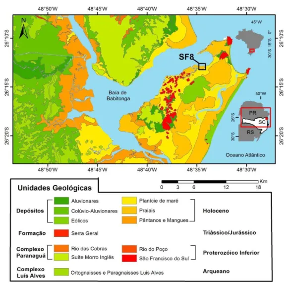 Figura  10:  Mapa  Geológico  da  área  de  estudo  com  destaque  para  o  local  de  coleta  do  testemunho SF8