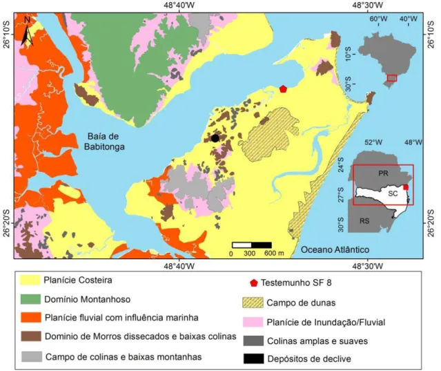 Figura  11:  Mapa  geomorfológico  da  área  de  estudo  com  destaque  para  o  relevo  de  planície  costeira, na qual foi coletado o testemunho sedimentar SF8
