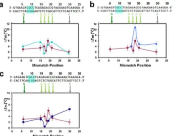 Fig 3 shows graphs of ΔT m as a function of mismatch position for the three pairings illus- illus-trated in Fig 1A-i (cyan), ii (black), and iii (purple)