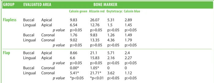 Table 4 Fluorescent analysis. Intra-group evaluation of the percentage of each different bone marker found in the buccal and lingual areas of the experimental groups.