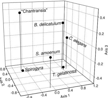 Figure 6. Principal Component Analysis (PCA) of the species found in the Borá stream from 25 May 1999 to 15 January 2000 on the basis of environmental variables and species percentage cover.