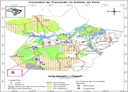 Figura 1: Localização dos contratos de transição firmados pelo Serviço Florestal Brasileiro no Estado  do Pará