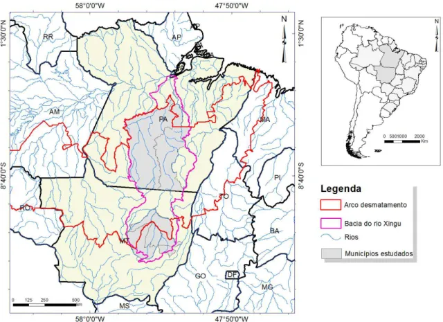 Figura 1. Localização da bacia hidrográfica do rio Xingu, municípios estudados nos estados  do Mato Grosso e Pará e arco do desmatamento na Amazônia legal, Brasil