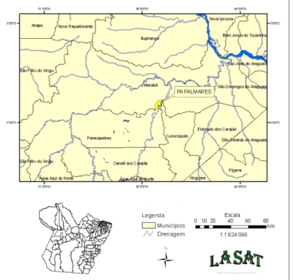 Figura 5 - Mapa de localização do Assentamento Palmares II, Parauapebas,  Pará, Brasil, em relação aos Municípios do sudeste paraense 