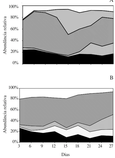 Figura 6. Abundância relativa das quatro classes de algas perifíticas mais representativas durante a sucessão no Lago do IAG nos períodos seco (A) e chuvoso (B) (  = diatomáceas;  = cianofíceas;  = clorofíceas;