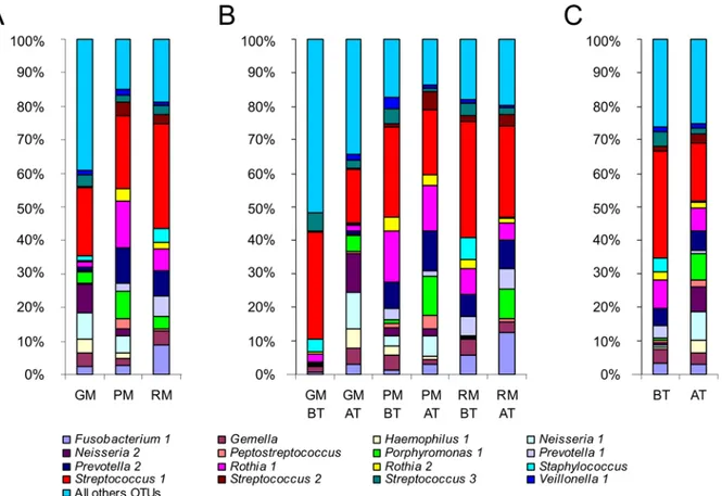 Fig 1. Relative abundance (RA) of OTUs belonging to the major core microbiota. A) RA of OTUs for the three patients (GM, PM, and RM) highlighted that each individual harbored his or her own microbiota, even if several genera were shared