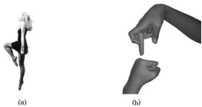 Fig. 1.  (a) An Irish river dancer is caught in mid move; (b) the same move is marked  using just the hands