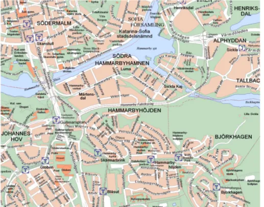 Fig. 1. Shows the location of the tower in Stockholm and its surroundings. Blue = open water surfaces, green = forest/park areas, brown = built-up areas (mainly residential areas), orange = Public buildings (schools, sport arenas etc), white = roads.