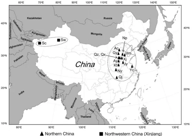 Figure 1. Sampling locations of H. armigera field populations from China. Northern China: Ac = Anci, Ay = Anyang, Gy = Gaoyang, Hm = Huimin, Jy = Juye, Kf = Kaifeng, Np = Nanpi, Ny = Nanyang, Qj = Qianjiang, Qx = Qiuxian, Qz = Quzhou, Xj = Xiajin, Yc = Yan