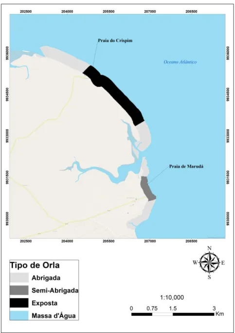 Figura 26- Mapa de suscetibilidade a erosão costeira com base nos diferentes tipos de orla, na orla marítima do  Crispim e Marudá