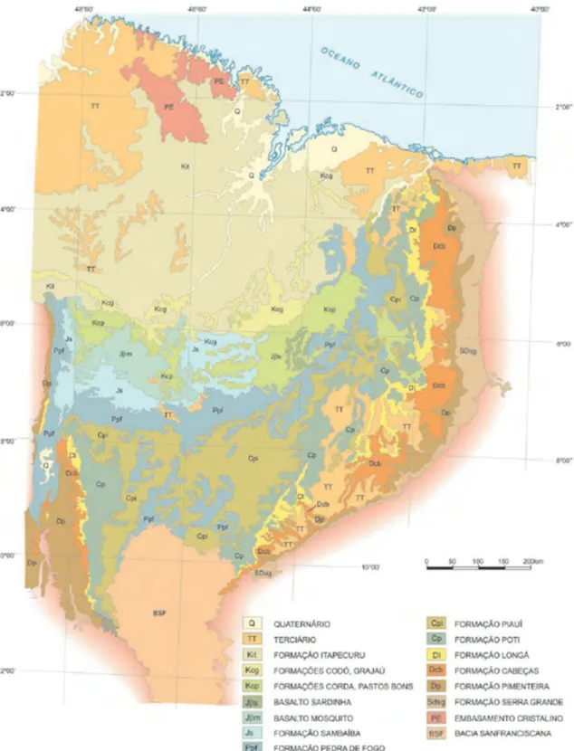 Figura  2.2  –  Mapa  geológico  das  bacias  do  Parnaíba  e  São  Luiz-Grajaú,  com  a  localização  da  Formação Itapecuru / Ipixuna (Kit)
