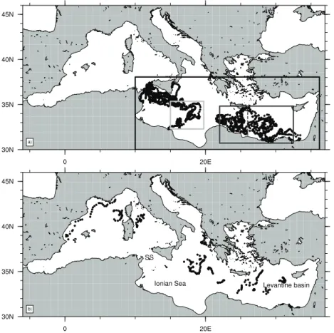 Fig. 1. Distribution of Lagrangian observations during the test period 1 September–31 Decem- Decem-ber 2005: (a) Surface drifter positions, and (b) Argo float positions