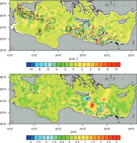 Fig. 3. Differences between the day-to-day residuals from 21 to 22 December 2005 of the CTRL and SURF (a) velocity fields at 15 m depth, and (b) SSH fields