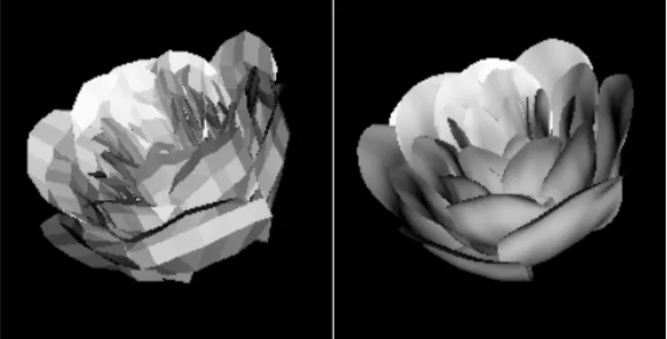Fig. 3 - Rose. Initial mesh on the left, and approximated image to the right. 3 steps of subdivision using Loop scheme 