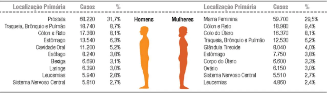 Figura 1 – Distribuição proporcional dos dez tipos de câncer mais incidentes estimados  para 2018 por sexo, exceto pele não melanoma*