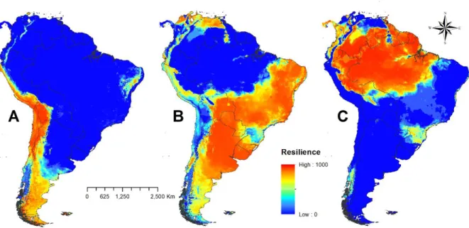 Figura  2.1.  Resiliência  ecossistêmica  baseada  no  nicho  climático  projetada  sob  o  espaço  geográfico