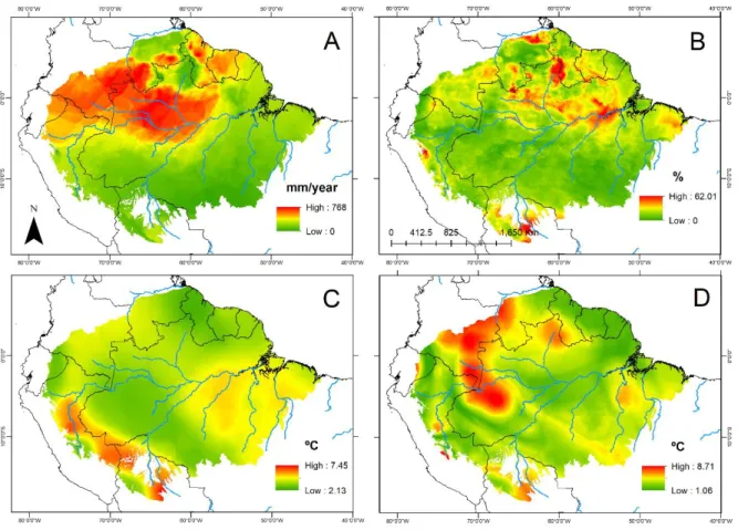 Figura  4.3.  Padrão  espacial  da  amplitude  (max–min)  dos  preditores  climáticos  para  a  bacia  amazônica