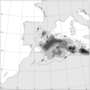 Fig. 11. The 24-h averaged CAPE distribution (J/kg) calculated for the sea level parcels of domain 2 from 12:00 UTC 22 to 12:00 UTC, 23 October 2000.