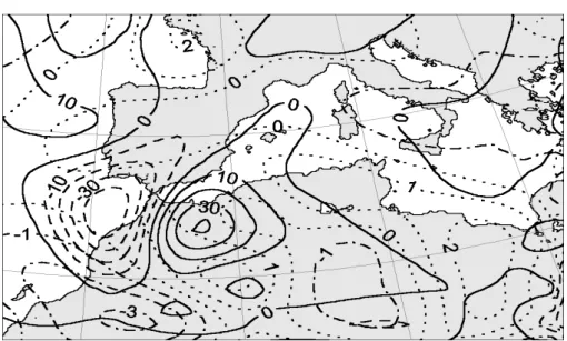 Fig. 13. Forcing term (-2∇ · Q) of the quasi-geostrophic ω-equation (10 −18 m/kgs) on 00:00 UTC, 23  Oc-tober 2000 for domain 1 (zoom), at 300 hPa (solid and dashed lines indicate positive and negative values,  respec-tively), and 700 to 1000 hPa averaged 