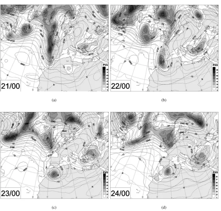 Fig. 3. Potential vorticity (PVU, shaded contours) at 300 hPa, geopotential height (gpm, solid line) and temperature ( ◦ C, dashed line) at 500 hPa on 00:00 UTC (a) 21, (b) 22, (c) 23, (d) 24 October 2000, as diagnosed from the NCEP analysis.