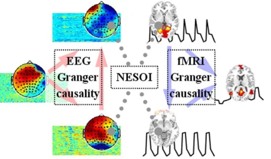 Figure 1. Illustration of the multimodal functional network connectivity. Functional networks (or Independent components) are identified using ICA from EEG and fMRI signal respectively