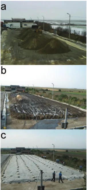 Figure 4. Photographs of an ex situ bioremediation biopile. a) Mixing of polluted soil with sawdust and sand; b) spraying of  biostumulation solution and watering; c) final bioremediation biopile.