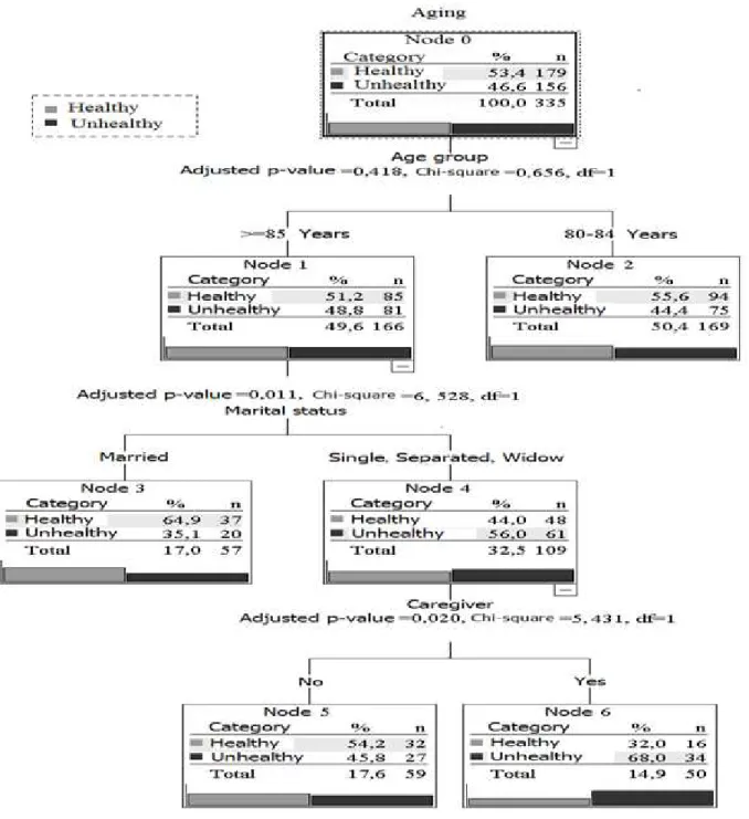Figure  2  -  Multivariate  analysis  using  a  decision  tree  (CHAID)  for  healthy  aging  in  octogenarians,  adjusted  for  socioeconomic factors