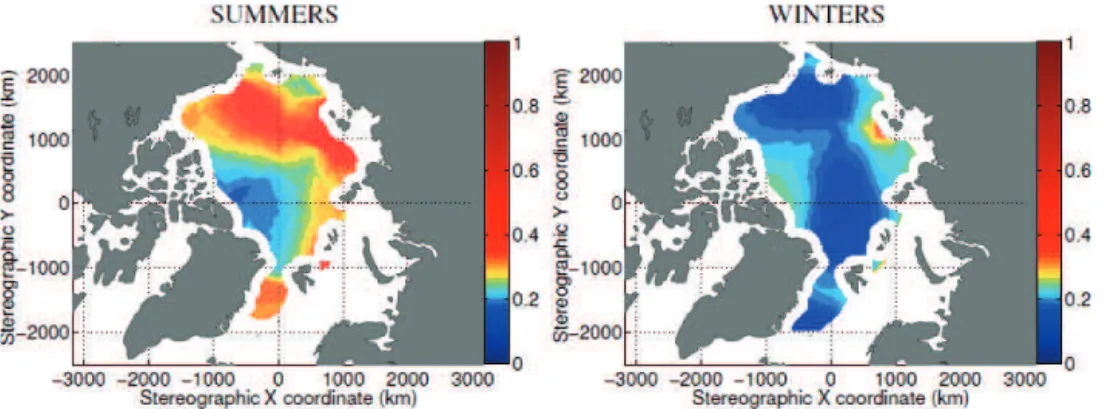 Figure 9. Spatial distribution of the magnitude of inertial oscillations in Arctic sea ice in summer in (a) 1979–2001 and (b) 2002–2008