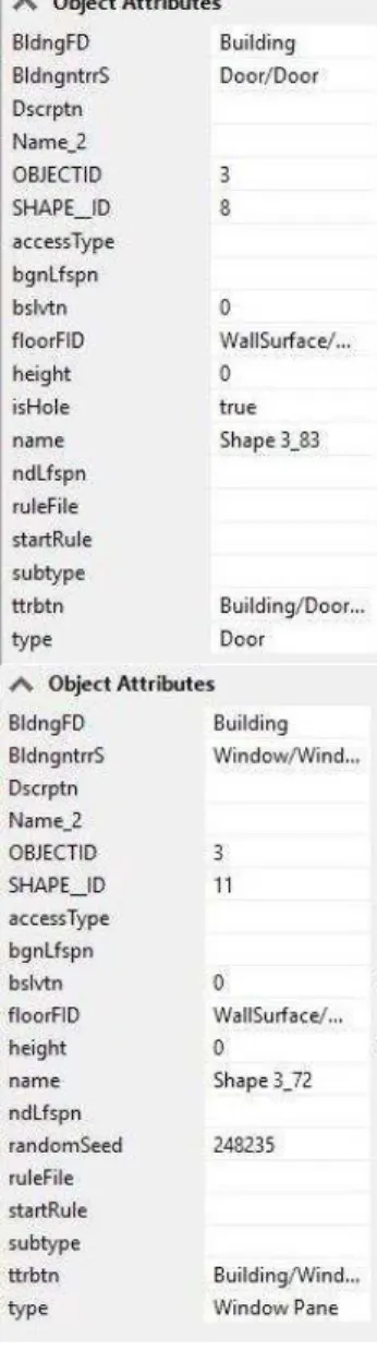 Figure 14: Left the attributes of the door. Right the attributes of  the windows 