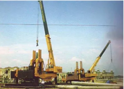 Gambar 4 Aplikasi teknologi Hydraulic Static Pile Driver (HSPD) pada proyek pembangunan  perumahan di Pantai Indah Kapuk – Jakarta Utara (Tekno Konstruksi, 2008) 