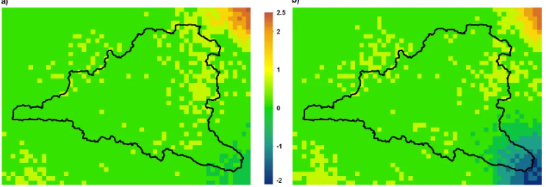 Figure 6. Differences in equilibrium DTWT between ParFlow.CLM simulations after re- re-initializations and ParFlow.CLM after 20 years of baseline spin-up simulations in (m), where (a) is based on hydrostatic pressure distribution above the water table for 