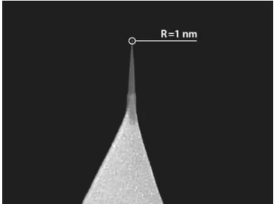 Figura 2.3: Microscopia de uma ponta de um cantilever de AFM, com raio de 1 n m [58].