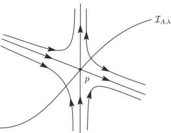 Figura 1.5: (a) O ponto p ´e imagem-singular: ´e uma sela (transversal) para A ∗ F . (b) O ponto p ´e n´ ucleo-regular: I A,λ ´e transversal aos auto-espa¸cos da sela.