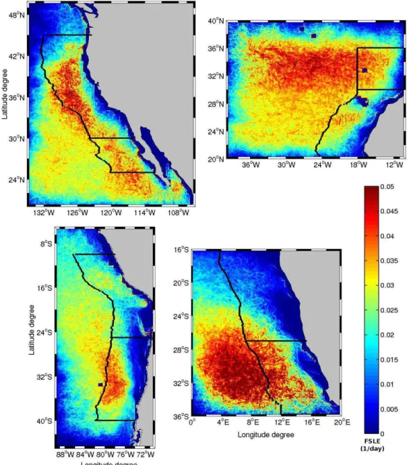 Fig. 1. Time average over the period June 2000–June 2005 of the FSLEs for the CalUS (upper left), the CUS (upper right), the HUS (lower left), and the BUS (lower right)