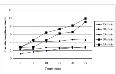 Figura 1- Concentração de lactato sanguíneo (mmol /L) de um animal, a título de exemplo, durante teste  de  esforço  para  determinação  da  Máxima  Fase  Estável  de  Lactato  no  inicio  do  experimento