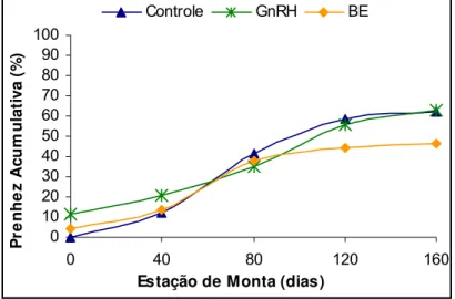 Figura 10. Curva cumulativa de prenhez em função dos dias de estação de monta e de acordo com a estratégia de sincronização da ovulação em primíparas da raça Nelore (controle, n= 24; GnRH, n= 43; BE, n= 45)