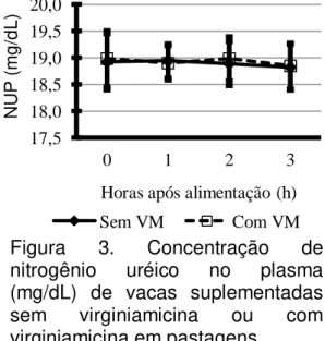 Figura 2. Concentração de nitrogênio  uréico  no  plasma  (mg/dL)  de  vacas  suplementadas  com  soja  crua  ou  tostada em pastagens  