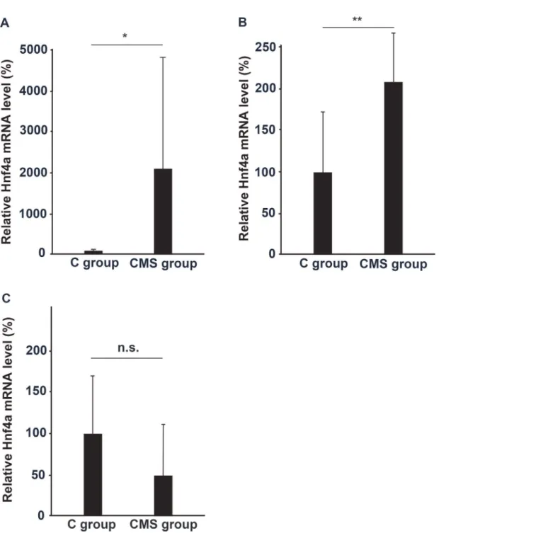 Fig 3. Enhanced expression of Hnf4a mRNA in the PFC, thalamus, and hippocampus of the CMS group