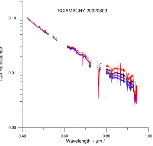 Fig. 3. Examples of SCIAMACHY spectra of the TOA-reflectance for the selected cloud free pixels over the Baltic Sea area at 3 August 2002.