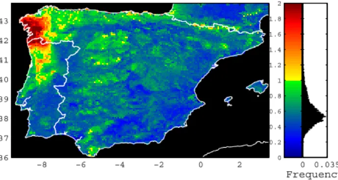 Fig. 3. Spatial patterns of the representativeness of the eddy covari- covari-ance sites for pixels of the Iberian Peninsula