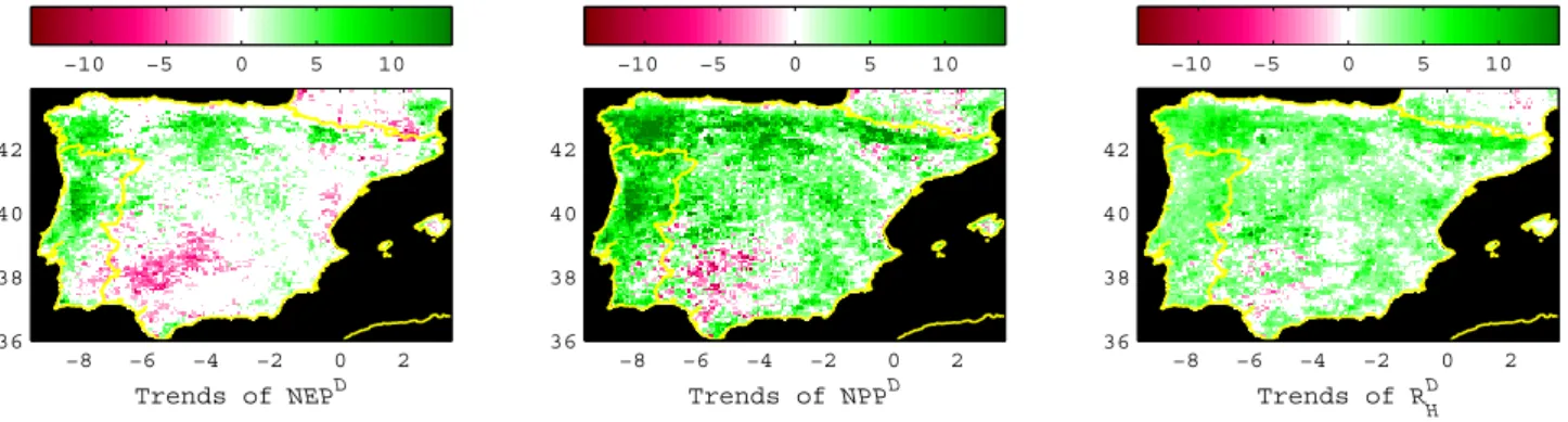 Fig. 8. Mean significant trends in NEP D , NPP D and R D H (gC m −2 yr −2 ). The trends in fluxes in each pixel are considered significant when for all prescribed η s the slopes are significant (α < 0.05), systematically positive or systematically negat