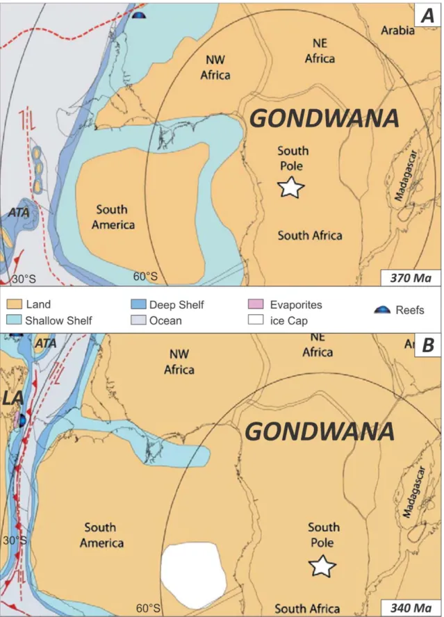 Figura 1. 4 - Reconstituição Paleogeográfica do Gondwana e palaeocontinentes adjacentes segundo  Torsvik  &amp;  Cocks  (2013):  (A-B)  do  Fameniano  ~370  Ma  (Neo-Devoniano)  ao  Viseano  ~340  Ma  (Mississipiano)