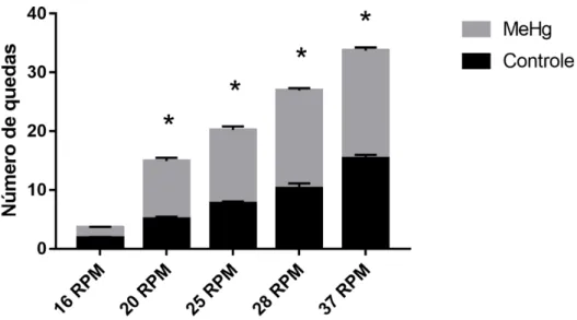 Figura 6 - Efeitos da exposição crônica ao MeHg (40 µg / kg / dia), durante 60 dias, no número de  quedas  durante  a  deambulação  forçada  de  ratos  Wistar  nas  rotações  de  20,  25,  28  e  37RPMs