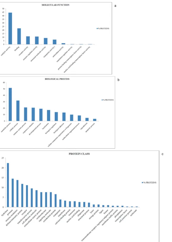 Fig 2. Gene Ontology annotation of protein. To have a general picture of the molecular functions (a), biological processes (b), and protein class (c), of identified proteins, the Protein ANalysis THrough Evolutionary Relationships (PANTHER) Database was us