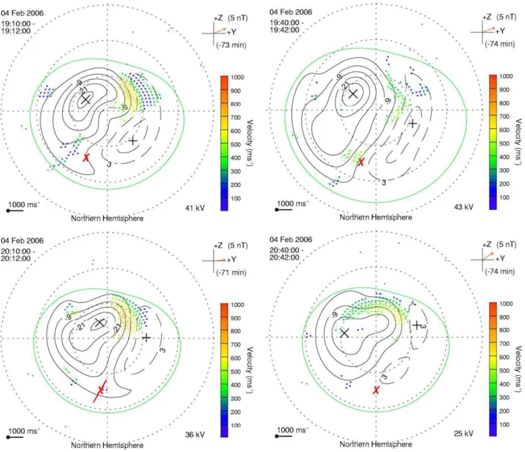 Fig. 10a. Convection patterns inferred from the SuperDARN radars for 19:10 UT, 19:40 UT, 20:10 UT and 20:40 UT on 4 February 2006.