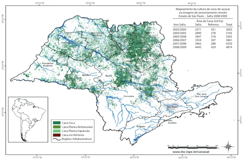 FIGURA 7  Localização das áreas de cana safra 2008/2009 nos municípios do Estado de São Paulo