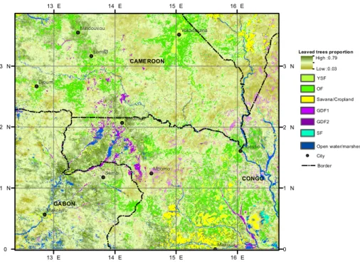 Fig. 5. Map of the distribution of the main forest classes (open forest, young secondary forest, swamp forest and monodominant Gilbertiodendron dewevrei forests) along with the  MODIS-predicted leaved trees proportion within the mixed forest class, (Map Pr